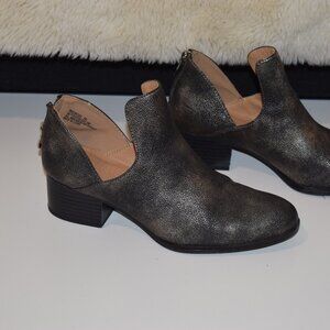 Metallic cut-out ankle booties with stacked heel